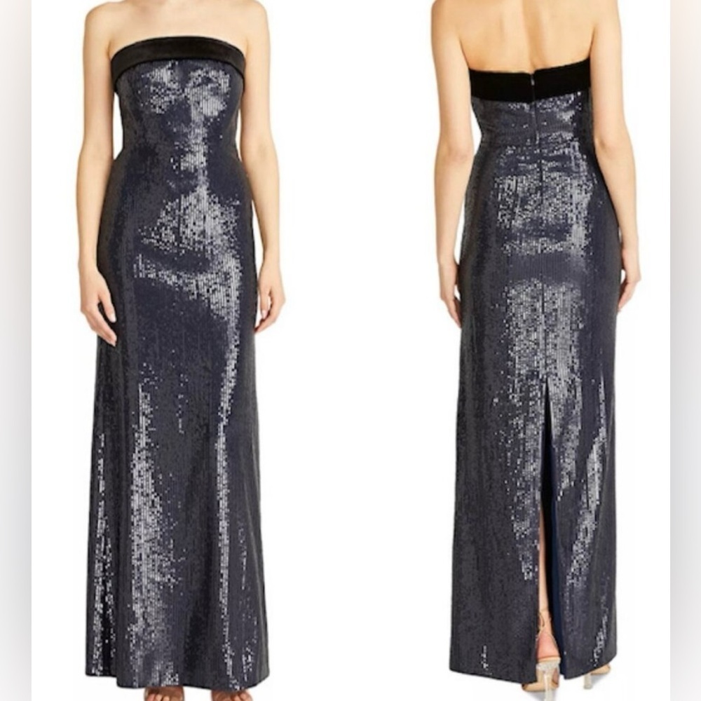 Monique Lhuillier Strapless Navy Sequin Evening Gown with Velvet Trim